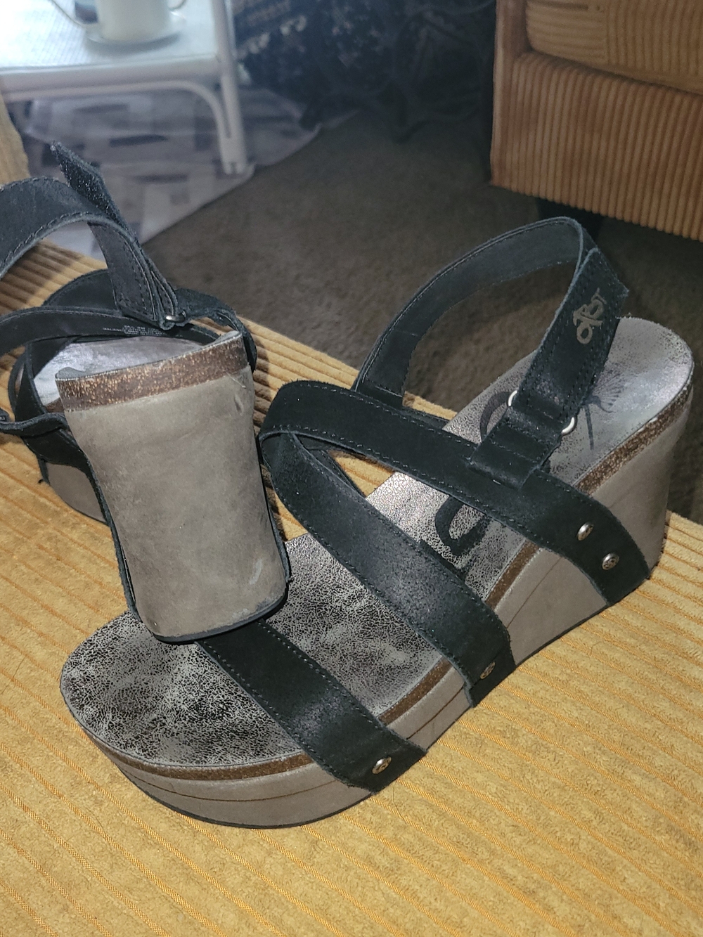 OTBT Sail Black and Gray Cross-Strap Wedge Sandals